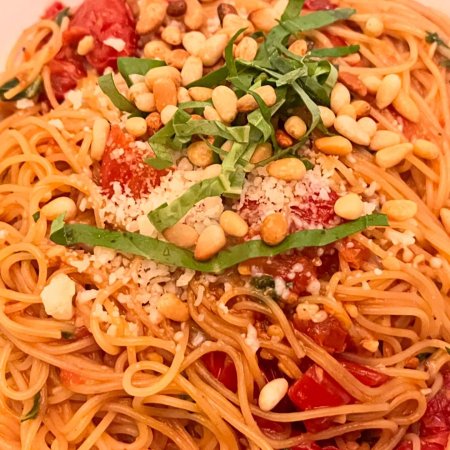 Va Bene Instagram Photo: Day 2 - running it back. PASTA di ESTATE vabenecaffe  #pasta #basil #pinenuts #sundriedtomatoes